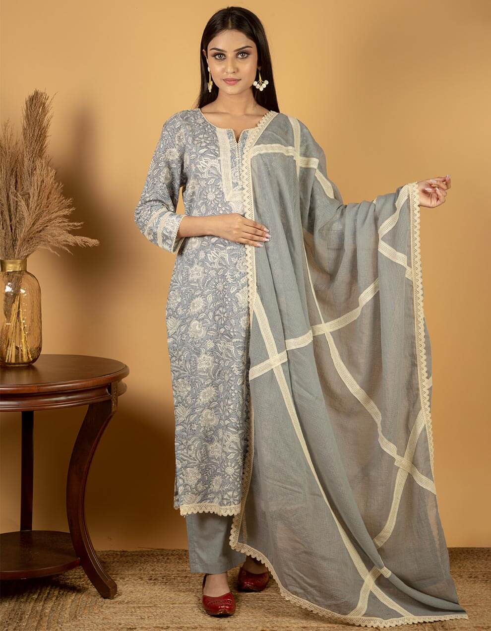 Best light grey cotton printed kurta with pants and dupatta - Set of 3