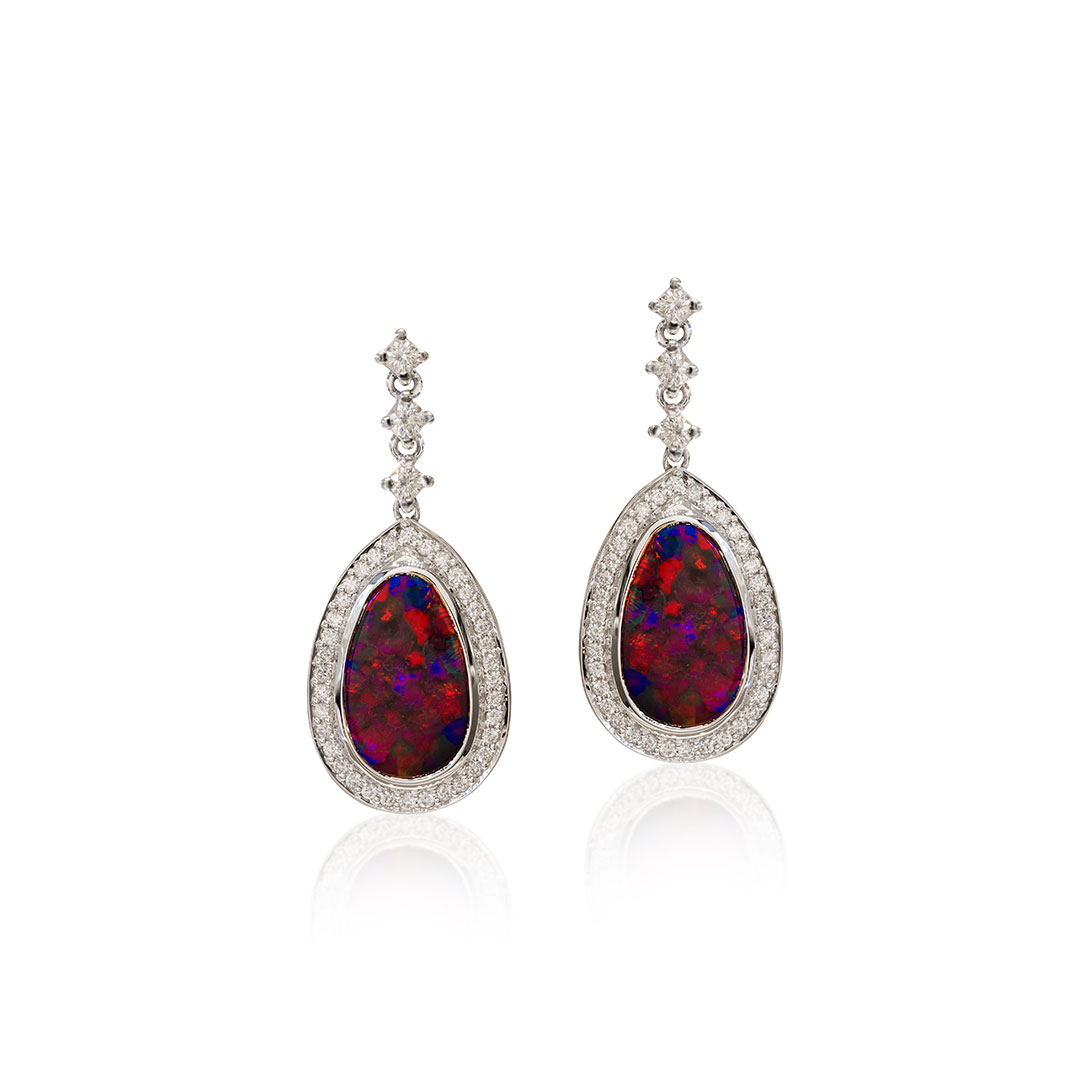 Black Opal Earrings in 18k with Diamonds featuring Segmented Colours of Red and Violet