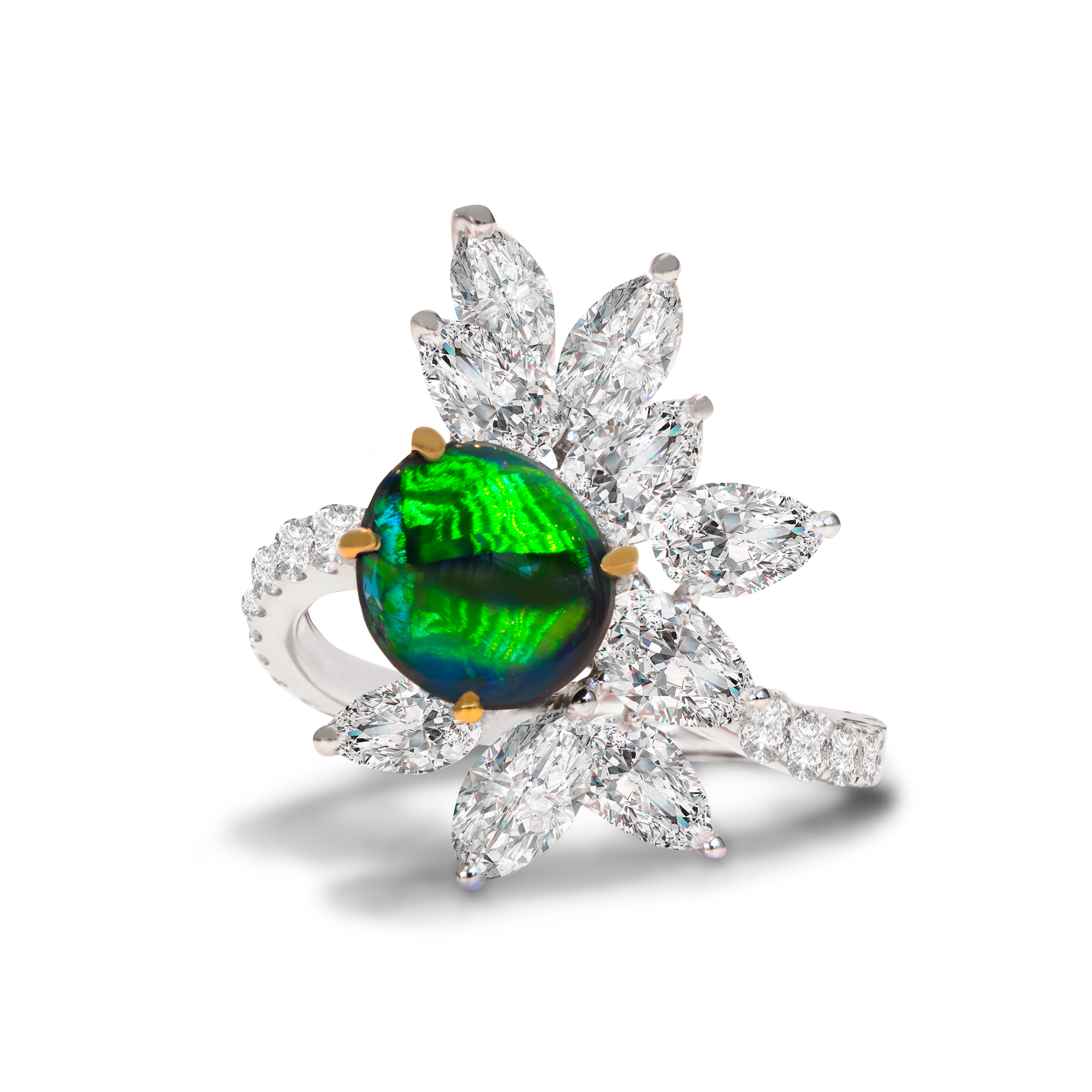 Black Opal Ring set in 18k with Diamonds featuring Broad Flashes of Greens